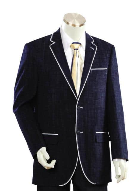 Men's Two Buttons Style Comes In Dark Blue Denim Fabric White Trim Lapel Pleated Pants Leisure Casual Suit For Sale 1