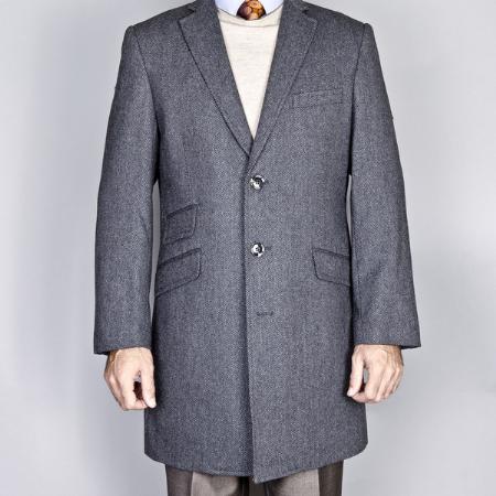 Three Quarters Length Mens Dress Coat Gray Herringbone Tweed Wool/Cashmere Blend Long Jacket Overcoat ~ Topcoat Tweed houndstooth checkered Pattern Single Breasted Carcoat ~ Peacoat