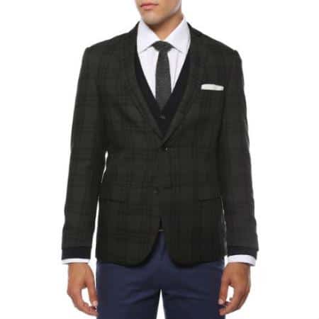 Mens Skinny Cut Tweed Windowpane Pattern Black and Grey Blazer 1