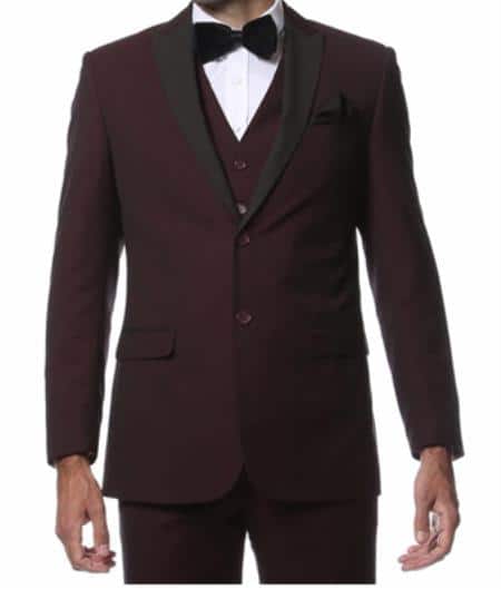 Mens Black and Burgundy ~ Wine ~ Maroon Color Seacrest Style 2 Piece Slim Fit Tuxedo Alta-Moda