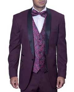 Men's Maroon Black and Burgundy ~ Wine ~ Maroon Color Suit / Tux Wine With Black Lapel Vested Suit Fashion Tuxedo For Men 1