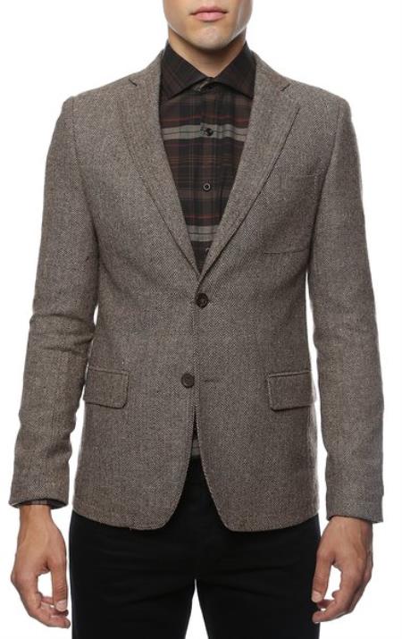 Mens Slim Fit Tweed houndstooth checkered patterned Blazer Jacket Sport coat Brown Herringbone Tweed 1