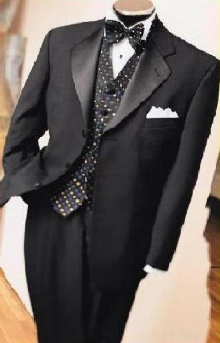 JET Black Super 150's 3 Button Tuxedo Jacket + Pants + Black + Shirt +Bow Tie