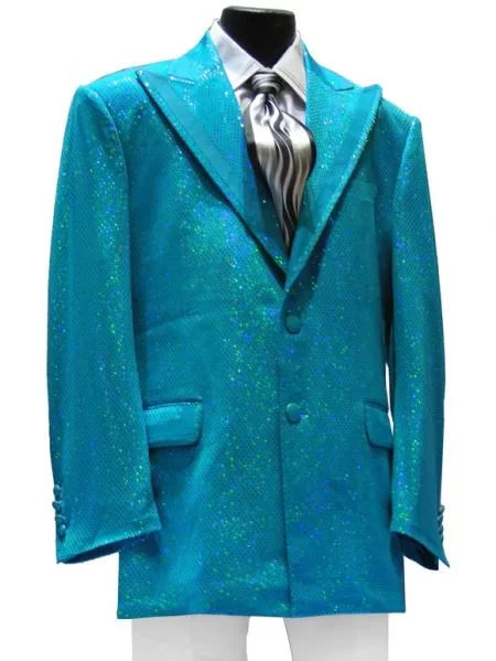 Men's High Fashion 2 PC 2 Button Peak Lapel Jacket + Pants With Glitz Turquoise ~ Light Blue Stage Party Suit 1