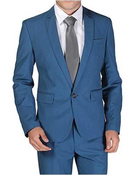 Men's 1 Button Notch Lapel Single Breasted Royal ~ Cobalt ~ Indigo ~ Bright Blue ~ Teal Blue Slim Fit Wool Blend Dress Suits for Men 1