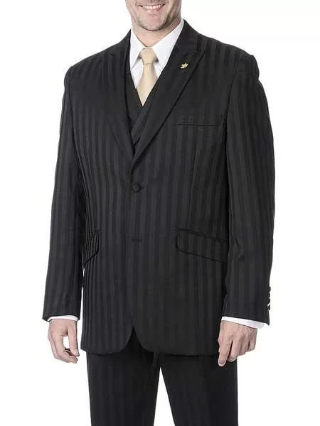Men's 3 Piece Peak Lapel Tone on Tone Shadow Stripe Black On Black Striped Single Breasted Denim Vest Suit