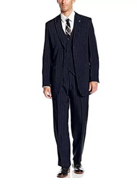 Men's 3 Piece Peak Lapel Denim Single Breasted Pinstripe Big & Tall Dark Navy Blue Suit For Men
