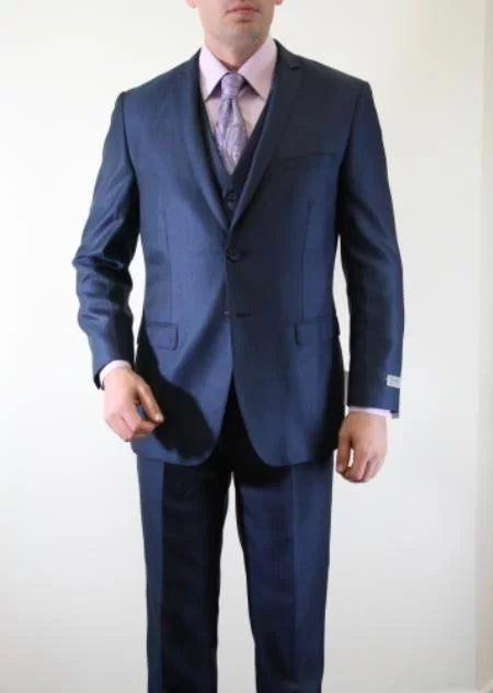 Slate Indigo ~ Bright Blue Pinstripe Italian Slim Fitted Sharkskin Sharkskin Two Button Three Piece Vested Suits 1