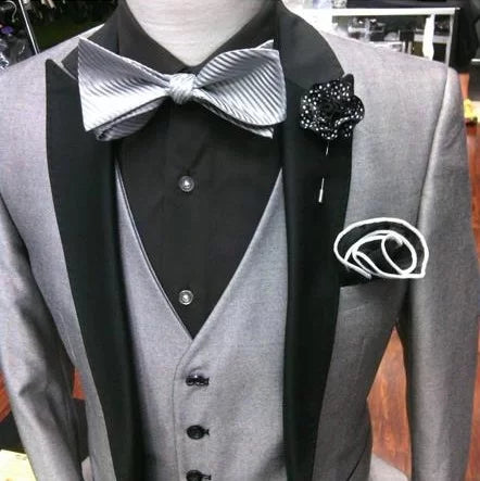 Mens Single Breasted Silver Gray ~ Grey & Black Lapel Tuxedo Peak Lapel Sharkskin Fabric Two Toned Suit 1
