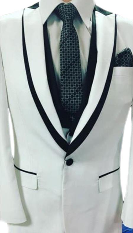 Mens Prom / Wedding Black Trimmed Tuxedo Vested 3 Piece Suits Peak Lapel + Color